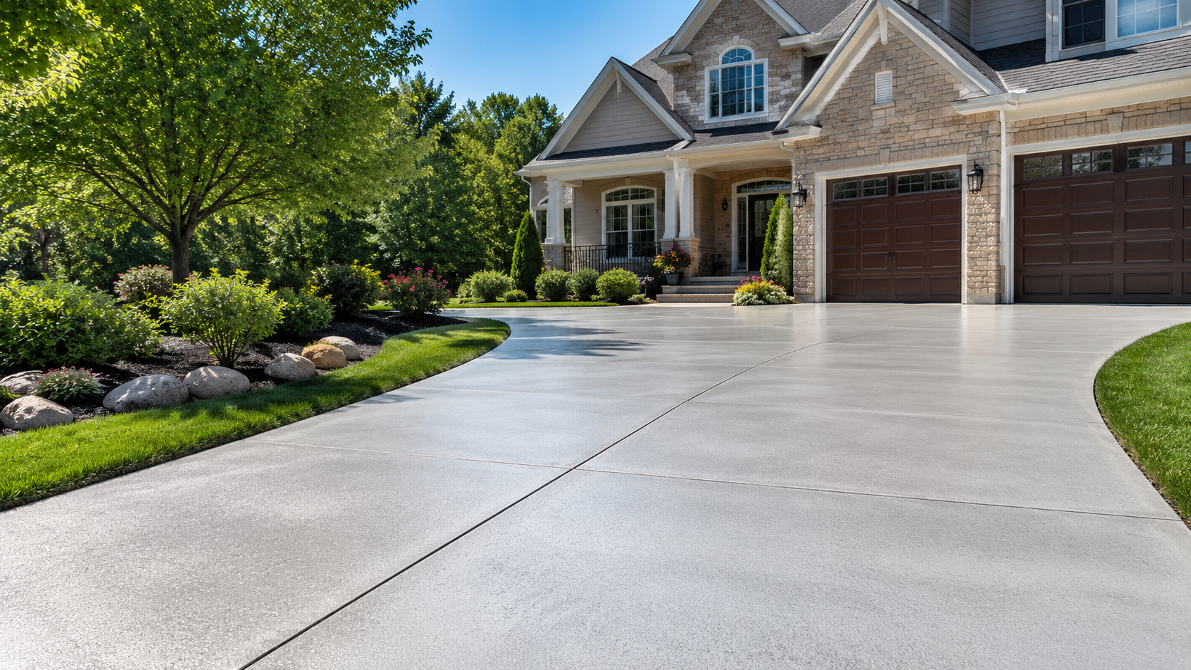 Suburban Columbus home's concrete driveway with fresh sealcoat. 