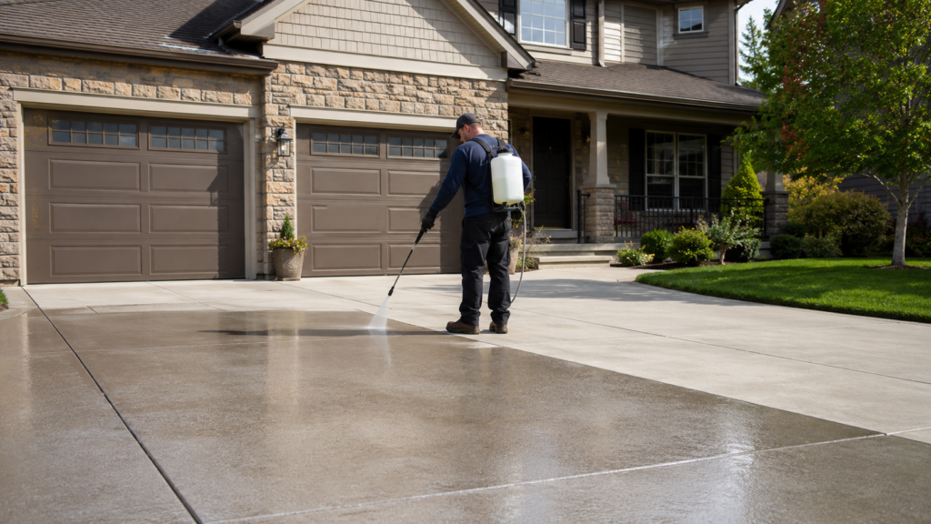 Columbus Driveway Sealing paving partner crew member sealcoating a residential concrete driveway.