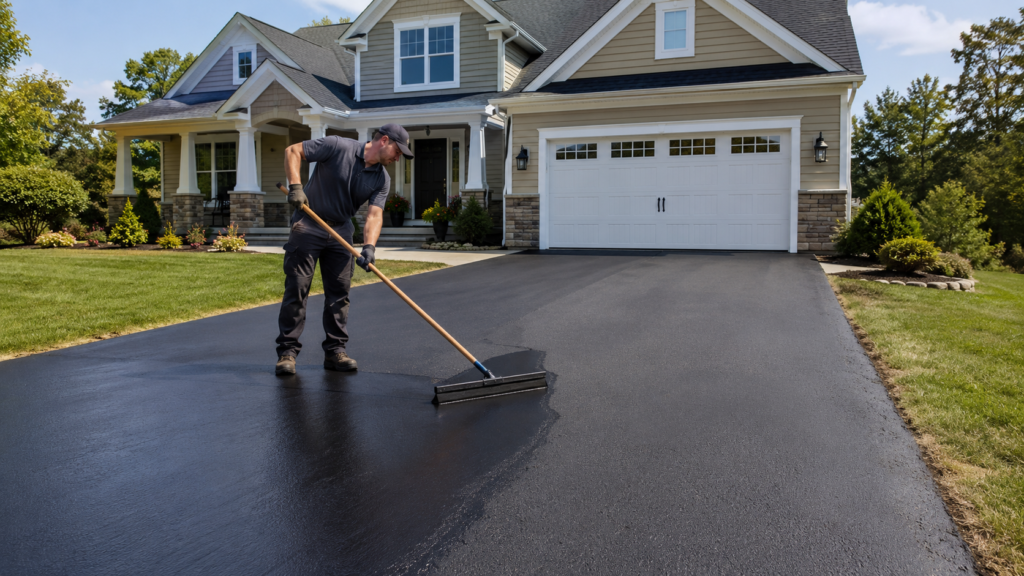 Columbus Driveway Sealing crew member sealcoating an asphalt driveway
