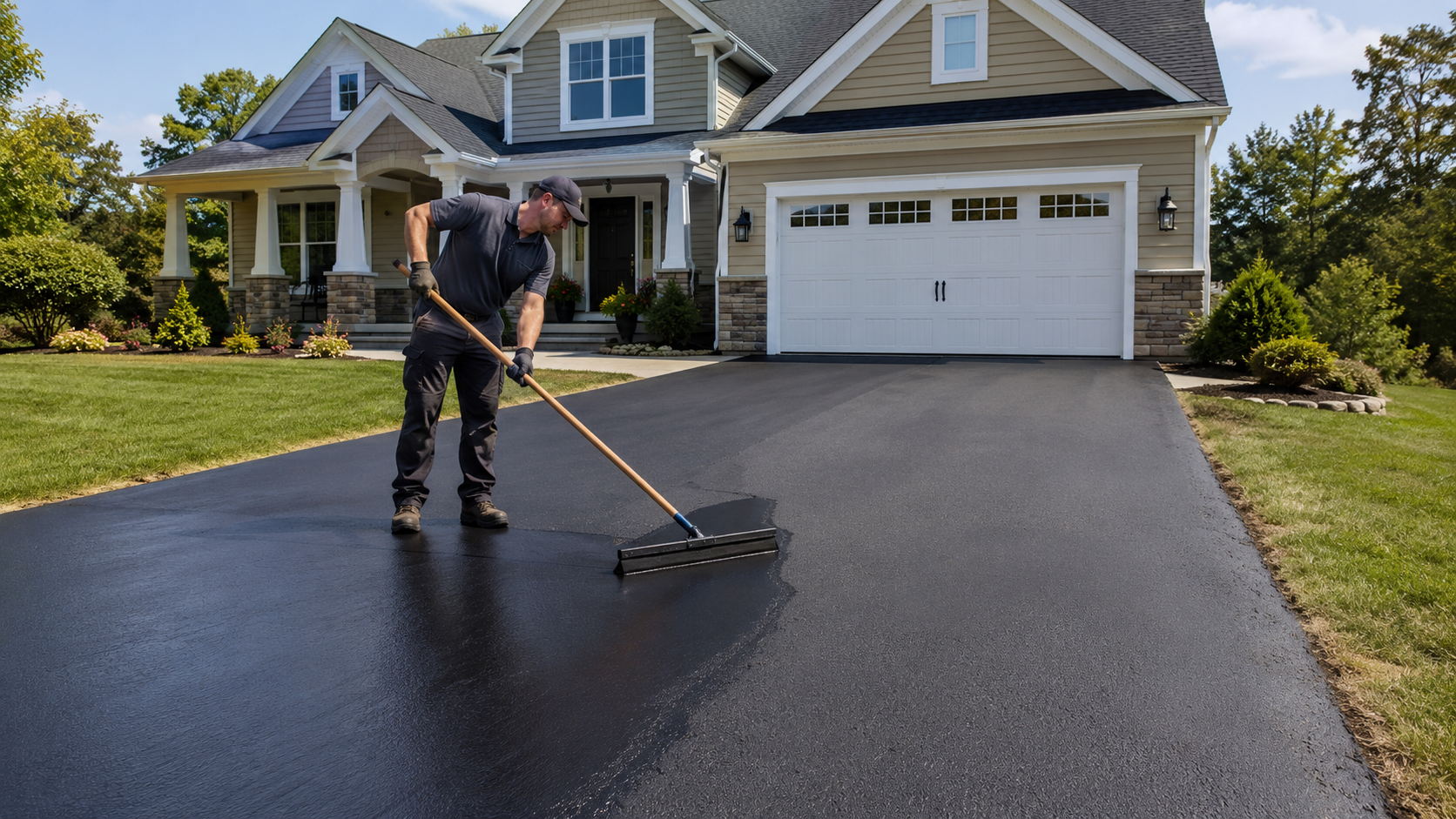 Columbus Driveway Sealing crew member sealcoating an asphalt driveway